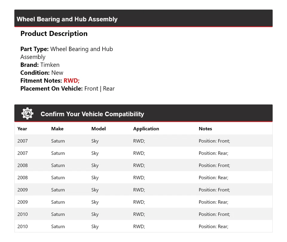 Para 2007-2010 Saturn Sky RWD rolamento de roda e conjunto de cubo Timken 2008 2009 - Imagem 2 de 4