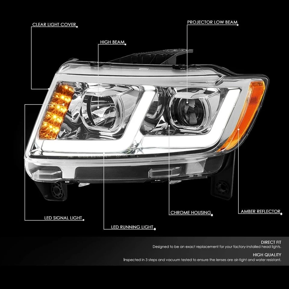 FOR 2011-2013 Jeep Grand Cherokee Dual L-Tube DRL Projector Chrome Headlights - Image 2 of 4
