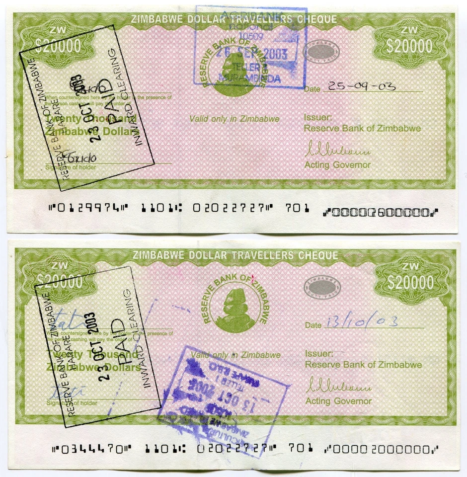 Zimbabwe 20 000 Dollar Travellers Cheque Pick 18 Error - Heavy Double MICR Print - Image 2 of 4