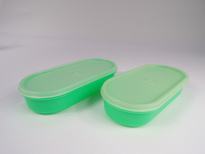 Two Vintage Tupperware 1375-5 Jadeite Green Oblong Containers w/Lids 8-1/2'' A25