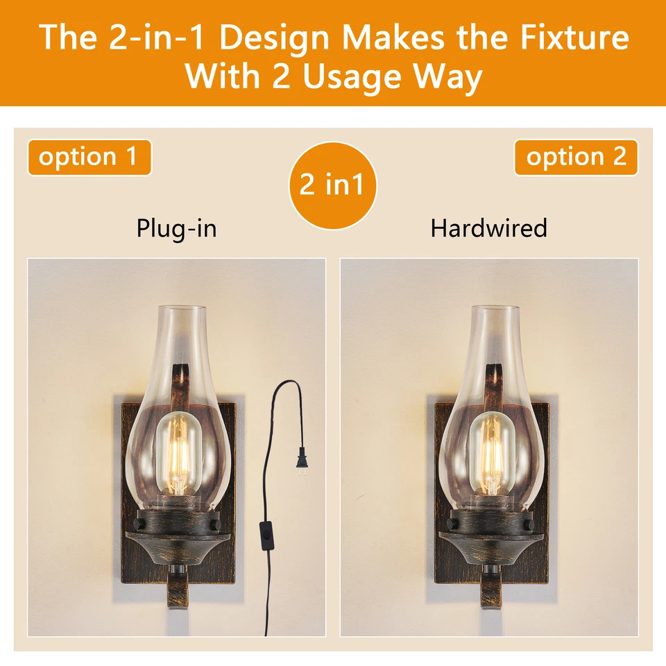 2 Pack indoor Vintage Plug in Wall Light Oil Rubbed Bronze Sconce Glass Fixture - Image 2 of 4