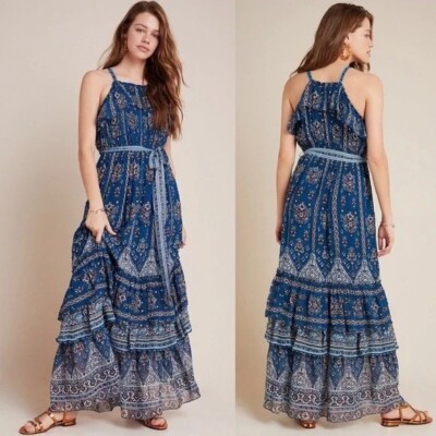 Anthro S Blue Floral Maxi Dress Ruffle SASHA Sleeveless Summer Cruise Fairy