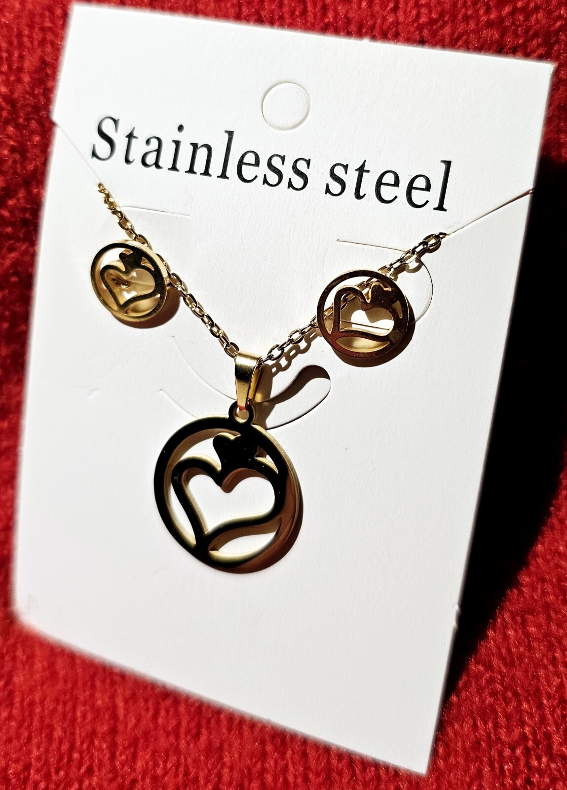 Gold Plated Stainless Steel Heart Pendant Necklace and Earrings Set