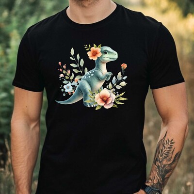Mens Dino Flower Print Cotton T-Shirt Size XS to 5XL