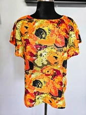 80 s/90 s Petite Notations Abstract Orange, Black and Red Silky Teacher Blouse