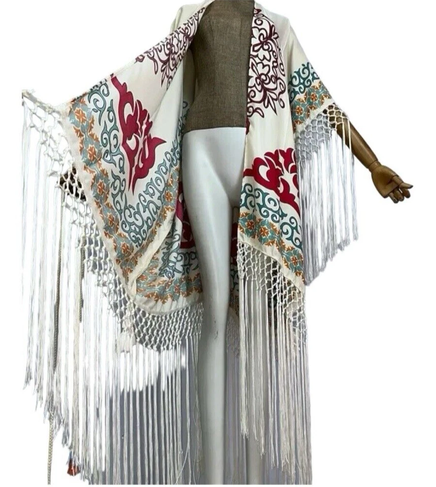 Maxi Chaqueta Plumero Larga Flecos Marfil Boho Bohemia Verano Envoltura Playa Cubrir