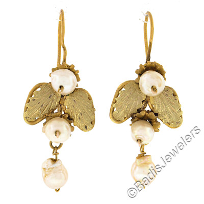 Vintage Retro 14K Gold 5.1mm Pearls Detailed Textured Leaf Dangle Hook Earrings