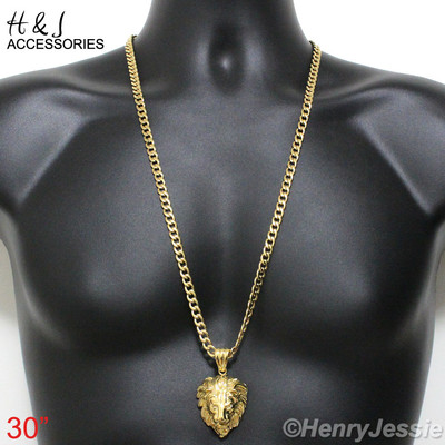 30''MEN Stainless Steel 6mm Gold Plated Cuban Curb Link Chain LION Pendant*GP50
