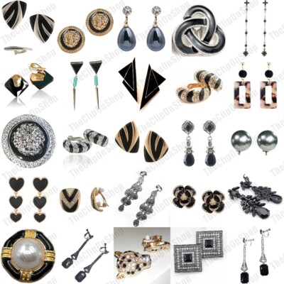 CLIP ON retro BLACK EARRINGS COLLECTION vintage style clips ENAMEL/BEAD metal UK