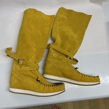 Boho Suede Tall Moccasin Boots Womens Size 9 Mustard Yellow Fringe Festival