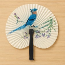 Chinese Paper Hand Fan Blue Bird Purple Flowers Black Handle Foldable 10 China