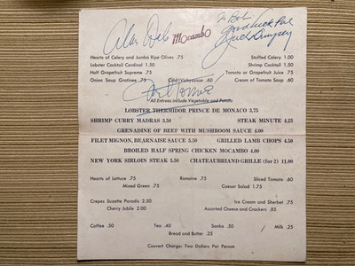 Mocambo Menu Autographed By Jack Dempsey, Mel Torme' & Alan Hale~The Skipper