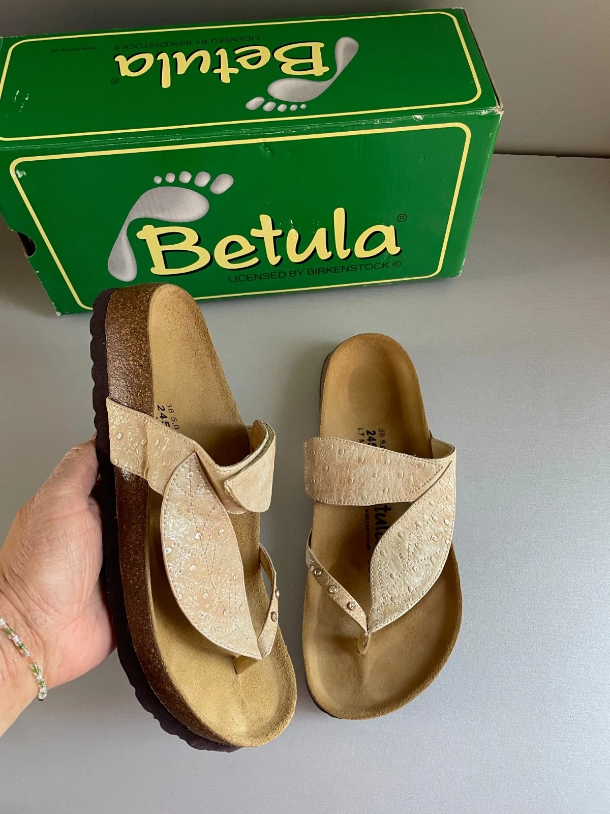 Birkenstock Betula Bombay Leaf beige gold toe post sandals uk 5 eur 38