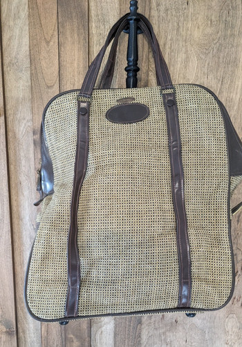 Vintage Lark luggage bucket style carry on Tweed footed, zip closure