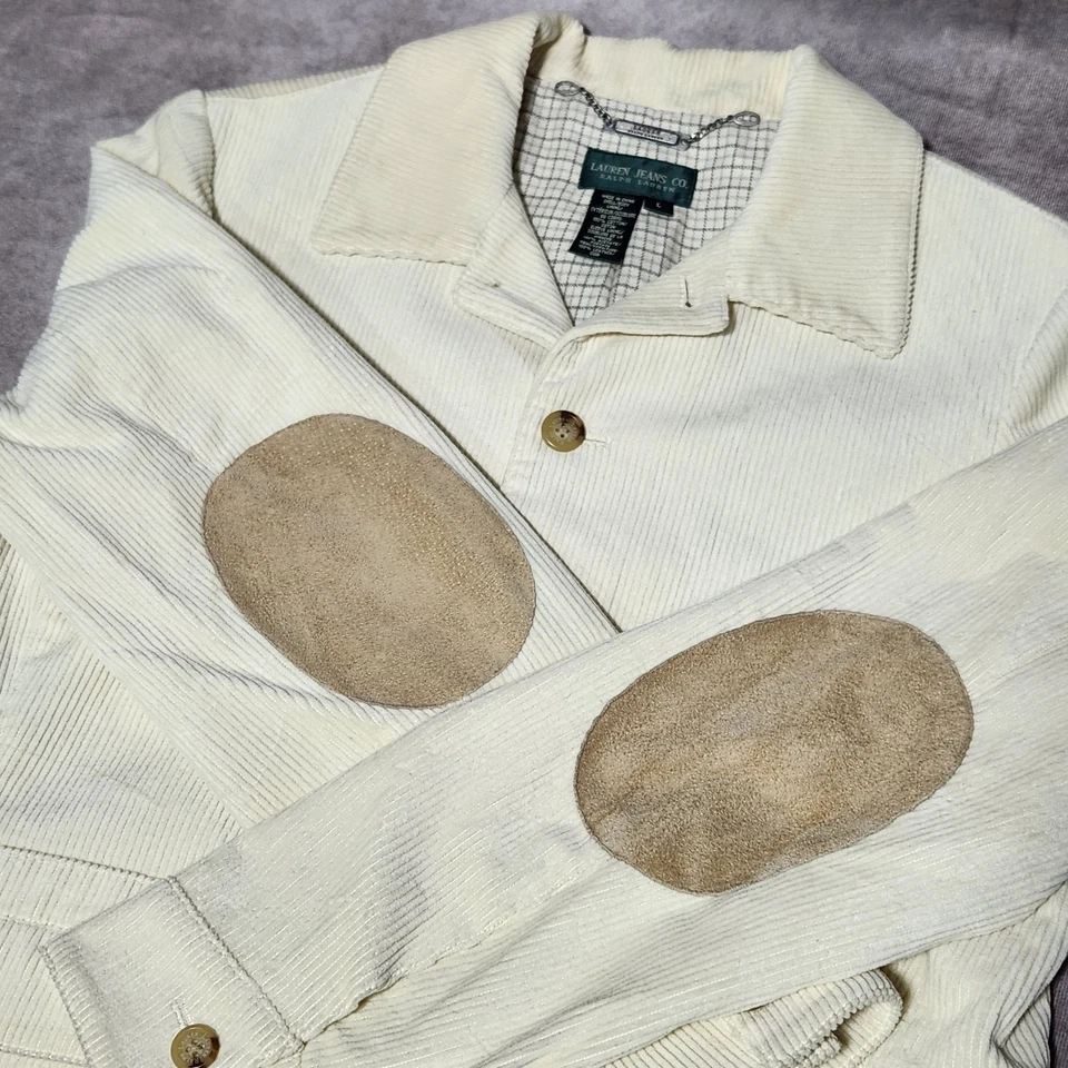 Lauren Ralph Lauren Corduroy Blazer/Jacket Suede elbow Patches Ivory sz L *Read* - Image 2 of 4