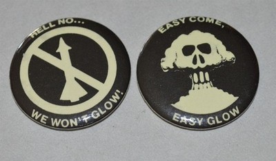 2 1983 Hell No We Won't Glow Anti Nuclear Pins Atom Bomb Graphics Actual Glow