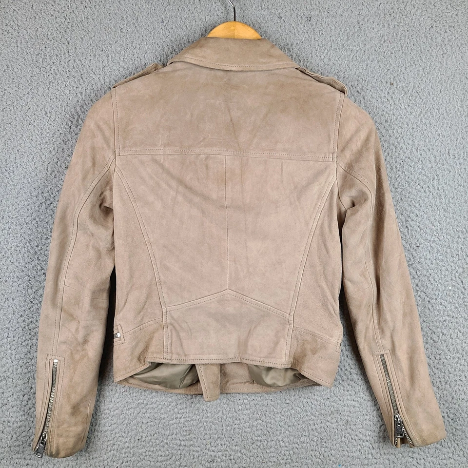 Reiss Womens Daye Goat Suede Biker Jacket Size 0 Neutral Beige - Image 3 of 4