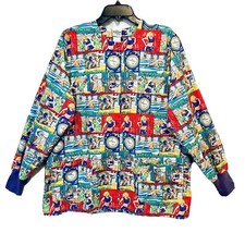 UA Happy Scrubs Womens L Fitness Print Long Sleeve Snap Medical Scrub Lab Coat