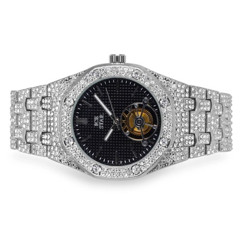 Luxury Iced Hip Hop Silver Plated Rapper Bling Metal Band Black Dial ...
