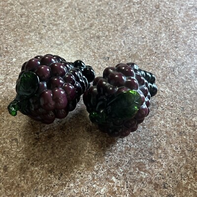 Vintage  Handblown Art Glass Cluster of Grapes Dark Purple Applied Stem & Leaf