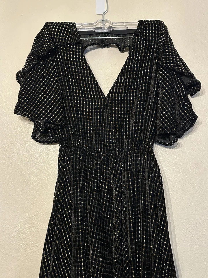 House of Harlow 1960 × Revolve Velvet Metallic Dress Black Gold Ruffles Size XS - Image 2 of 4