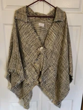 Linda Lundstrom Button Asymmetrical Collared Shawl/Sweater Open Weave Women O/S
