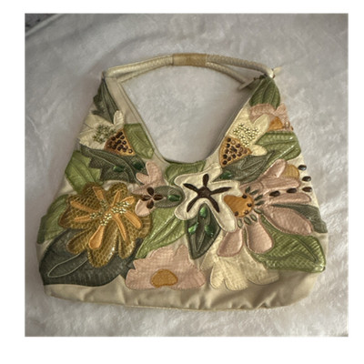 Braccialini Beige Floral Applique Top Handle Handbag Zip Green Lining Pockets