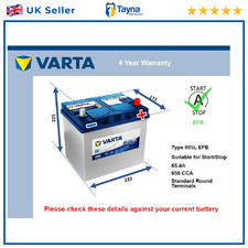 EFB Car Battery N65 Varta 005L EFB 650A 65Ah 4Yr Warranty 232x173x225 Start Stop