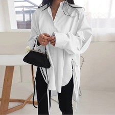 Casual Women Oversize Full Sleeve Blouse Shirt Tops Tunic Shirt V Neck Office UK