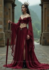 Vampire Burgundy Prom Dress Two Piece Vintage Gothic Special Gown Flare Sleeves
