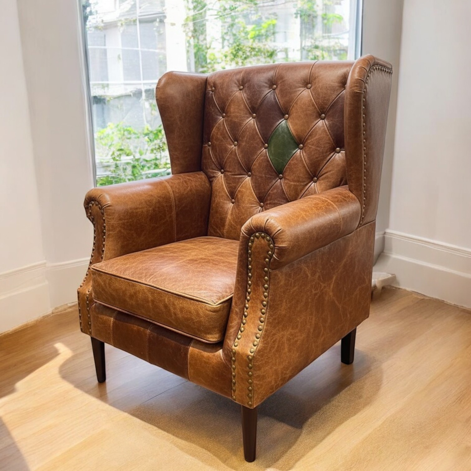 Vintage Brown Tan Leather Wingback Armchair – Mid-Century Modern with Wood Frame