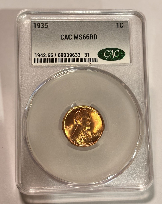 1935 Lincoln Wheat Cent 1C - CAC G MS66 RD, Philadelphia