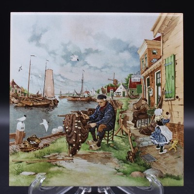 Royal Mosa Holland Ceramic Tile Trivet Dutch Fishing Village Dock Scene 6''x6''
