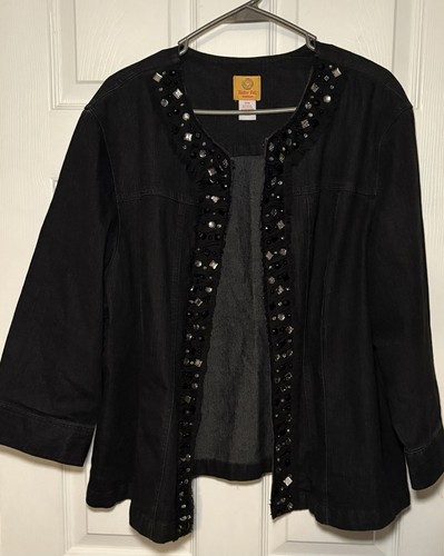 Ruby Rd. Woman's Sz 22w Black Rhinestone Stretch Denim Jacket And Jeans Suit - Picture 2 of 7