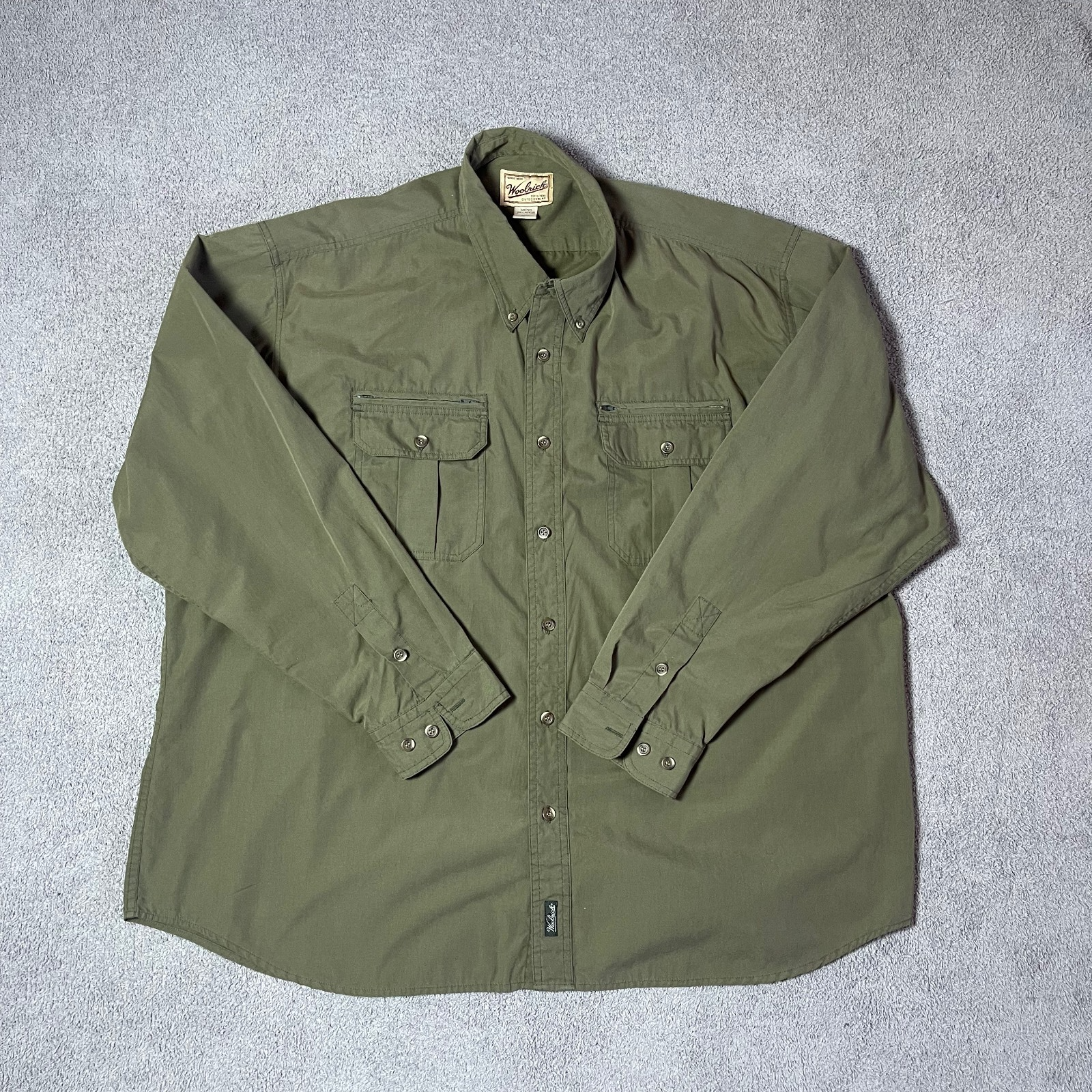 Woolrich Earth Long Sleeve Button Down Shirt Olive Zip Pockets Men's 2XL
