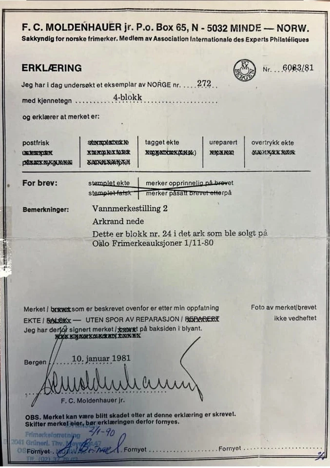 WWII Norway V-stamp Year 1941 50 øre Watermarked w certificate MNH (CV: 360 USD) - Image 2 of 2