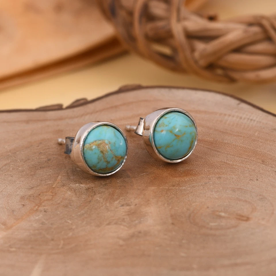 Cute Delicate Kingman Turquoise Stud Earring 925 Silver Birthday Gift For Sister - Image 3 of 4
