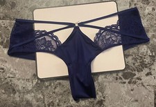 NWT VICTORIA'S SECRET BLUE SATIN SMOOTH STRAPPY LACE GOLD RING CHEEKY PANTIES