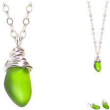 USA artisan  SILVER wire-wrap SEA GLASS green small pendant chain necklace 1