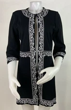 Ming Wang Size Medium Black Embroidered Cardigan Jacket Tunic Length 3/4 Sleeves