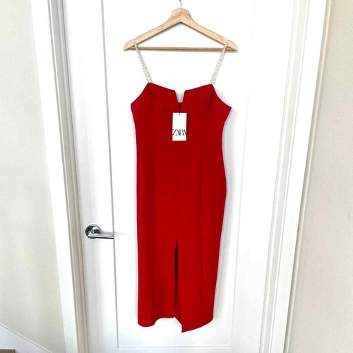 ZARA NEW PEARL STRAP MIDI SHEATH DRESS FRONT SLIT RED M MEDIUM - Picture 11 of 14