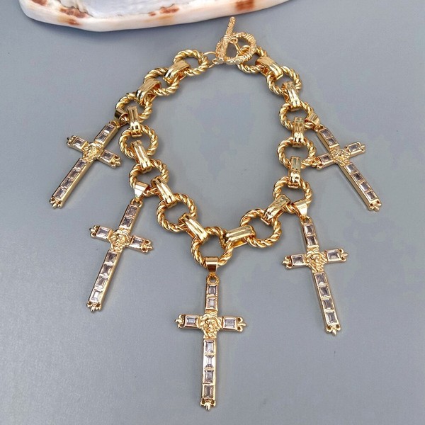 Alternate view of Crucifix Charm Cubic Pave Gold Plated Chain Bracelet Religion Jewelry