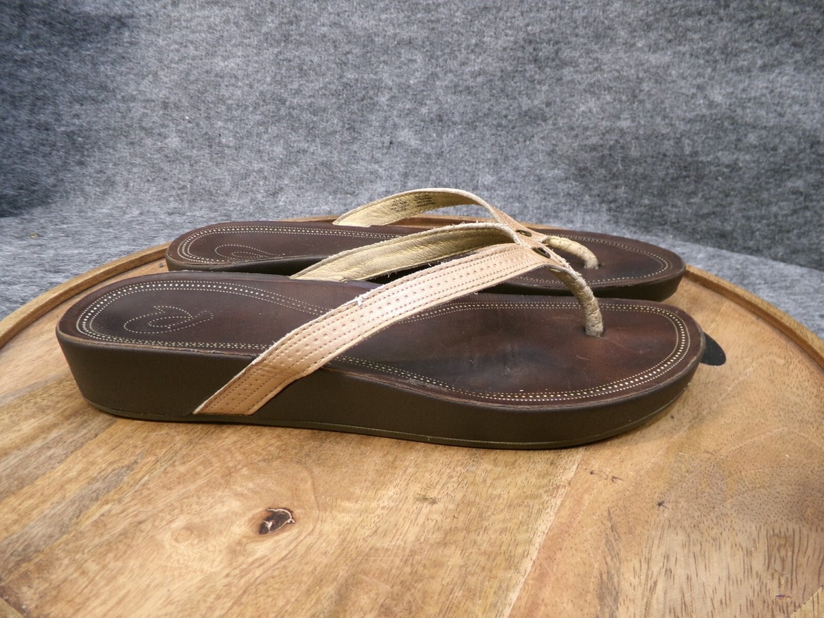 Olukai Womens Ola Sandals Brown Leather Thong Wedge Flip Flops - Main Image