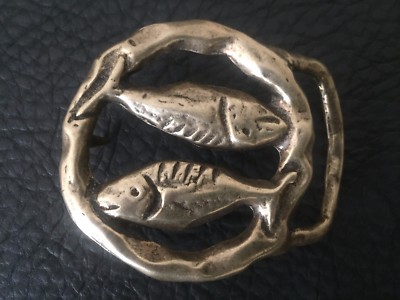 RARE 1970s Brass Pisces Belt Buckle Leather Belt 70s Brown Leather Belt With Patina Brass Pisces Fish Buckle  main image 4