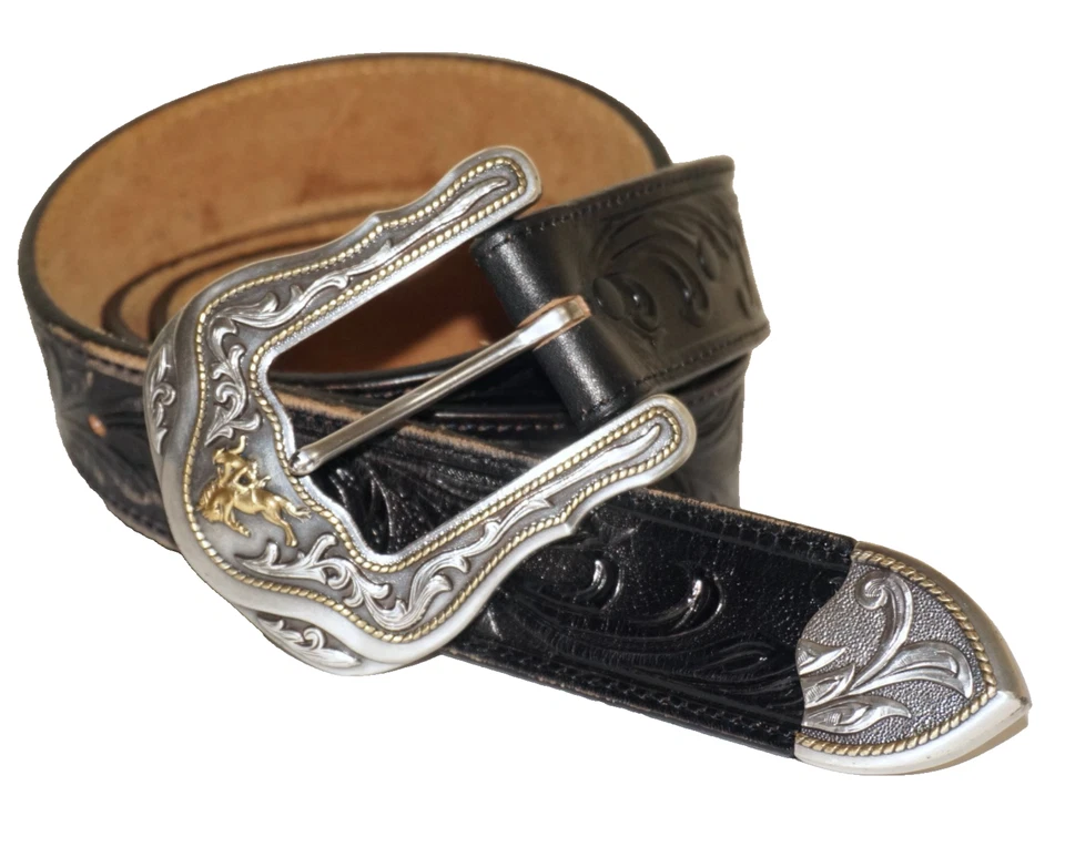 Cinto Western Vintage TONY LAMA Preto Couro Trabalhado e Estampado BRONCO 44" - Imagem 2 de 4