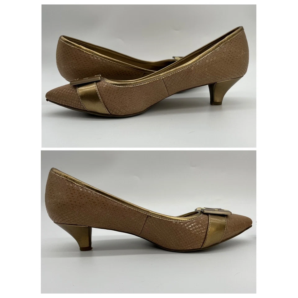 Zapatos de tacón Anne Klein iFlex Kitten beige dorado punta hebilla acento Wms 8M Foto 3 de 4