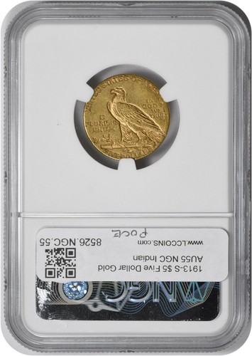 1913-S $5 Gold Indian AU55 NGC - 第 2/2 張圖片
