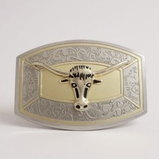 Texas Longhorn Belt Buckle Silver Goldtone Western Cowboy Large 3D Scrollwork