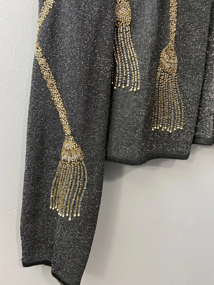 Brillante by JA Black Gold Beaded Tassel Cardigan PM Sparkle vintage Jacket - Image 2 of 4