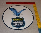 VINTAGE RICHFIELD EAGLE THE POWER GASOLINE 11 3/4" PORCELAIN METAL GAS OIL SIGN!
